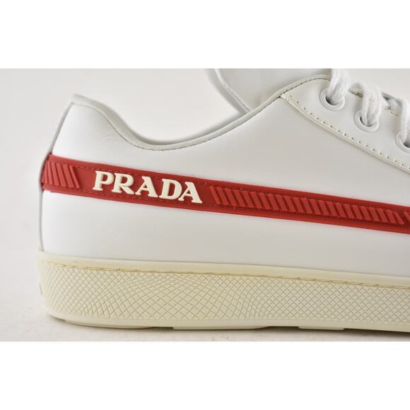 Prada Band White Red Stripe Logo Lace Up Tie Flat Low Top Trainer Sneaker 36.5 - Picture 7 of 16